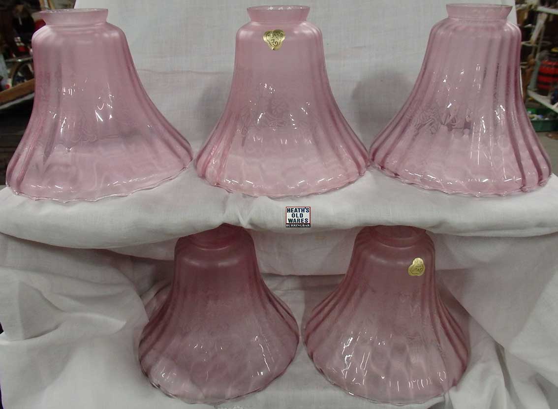 French fine etched pink glass shades $80 each with a flared fluted and scalloped design. The brand is CVV Vianne, a village in France near Bordeaux, these lamps are no longer in production, for sale at Heaths Old Wares, Collectables, Antiques & Industrial Antiques, 19-21 Broadway, Burringbar NSW 2483 Ph 0266771181 open 7 days