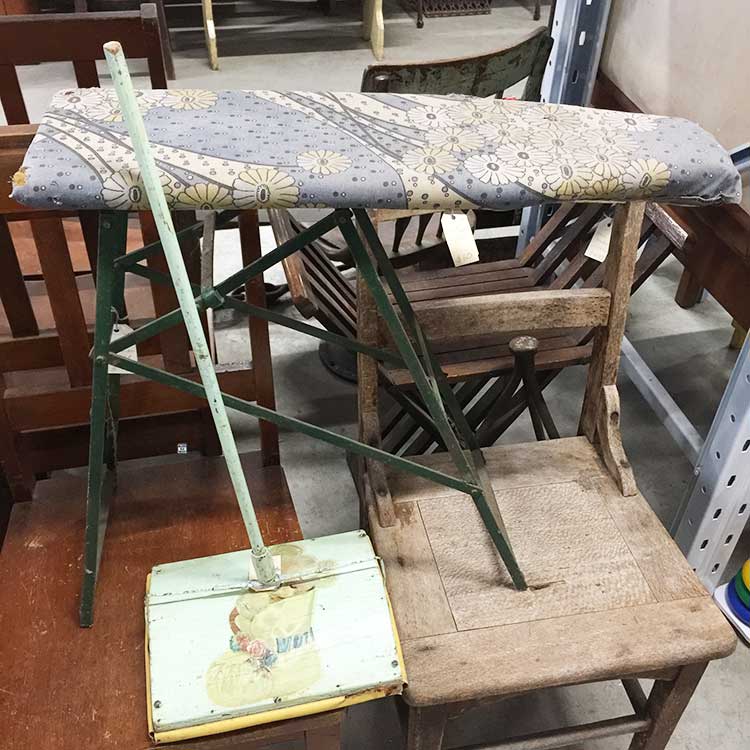 Vintage 'housekeeping' toys, how times have changed! Ironing board and carpet sweeper for sale at Heaths Old Wares, Collectables, Antiques & Industrial Antiques, 19-21 Broadway, Burringbar NSW 2483 Ph 0266771181 open 7 days