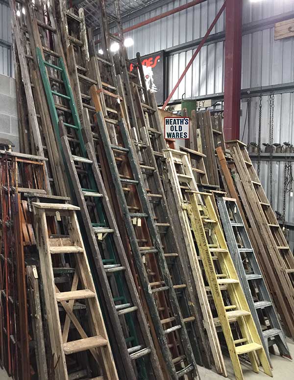 Antique and vintage ladders for sale at Heaths Old Wares, collectables and industrial antiques- 19-21 Broadway, Burringbar NSW 2483. Open 7 days 9am - 5pm. Ph: 02 6677 1181