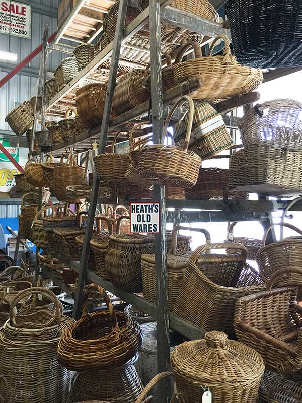 Vintage baskets for sale at Heaths Old Wares, collectables and industrial antiques- 19-21 Broadway, Burringbar NSW 2483. Open 7 days 9am - 5pm. Ph: 02 6677 1181