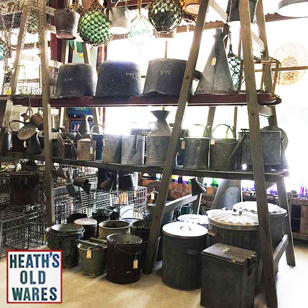 Vintage and antique galvanised watering cans, buckets, wash tubs and dairy items for sale at Heaths Old Wares, collectables and industrial antiques- 19-21 Broadway, Burringbar NSW 2483. Open 7 days 9am - 5pm. Ph: 02 6677 1181