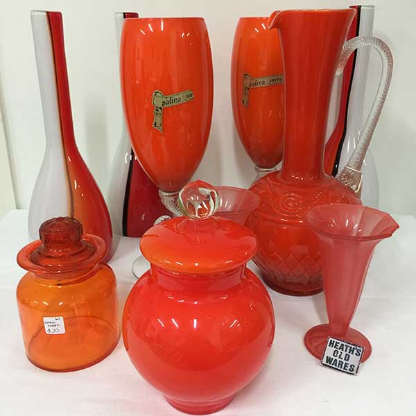 vintage orange glass for sale at Heaths Old Wares, Collectables, Antiques & Industrial Antiques, 19-21 Broadway, Burringbar NSW 2483 Ph 0266771181 open 7 days