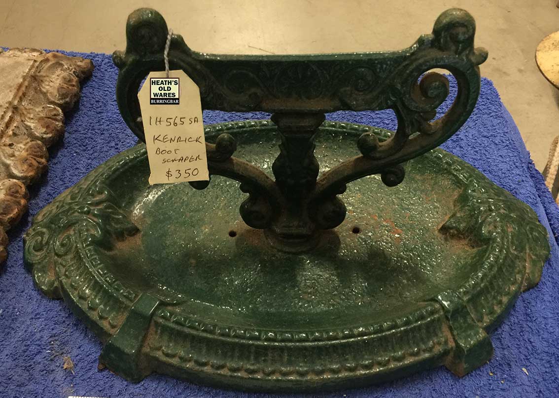 Antique A. K. Kenrick & Sons cast iron boot scraper for sale at Heaths Old Wares, Collectables, Antiques & Industrial Antiques, 19-21 Broadway, Burringbar NSW 2483 Ph 0266771181 open 7 days
