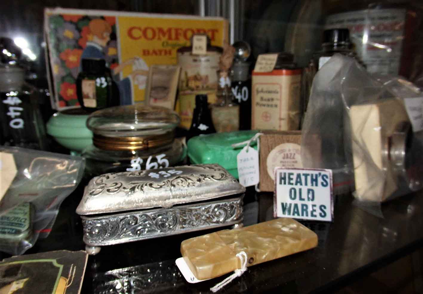 Antique and old perfume and related items for sale at Heaths Old Wares, Collectables, Antiques & Industrial Antiques, 19-21 Broadway, Burringbar NSW 2483 Ph 0266771181 open 7 days