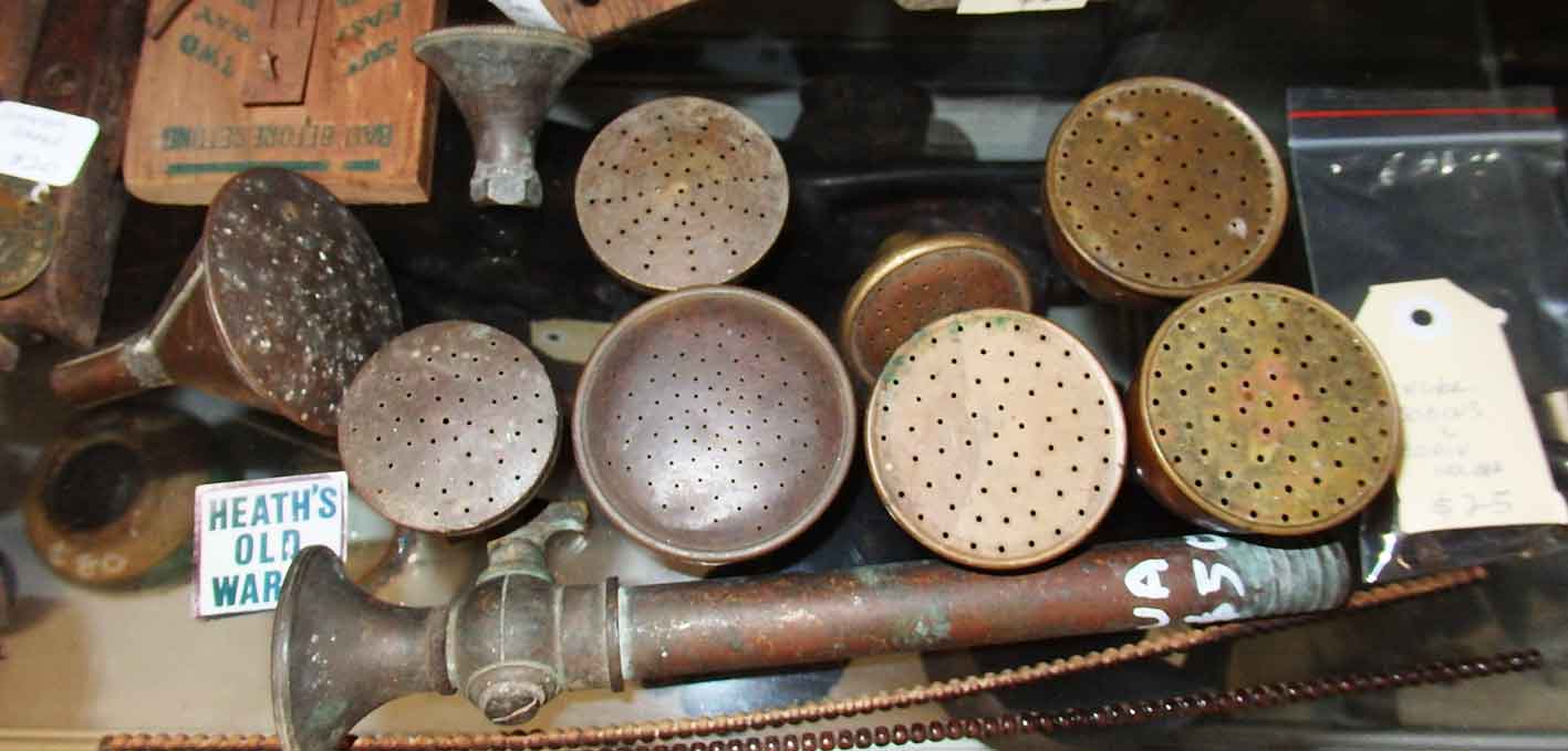Assorted brass watering roses for sale at Heaths Old Wares, Collectables & Industrial Antiques, 19-21 Broadway, Burringbar NSW 2483 Ph 0266771181