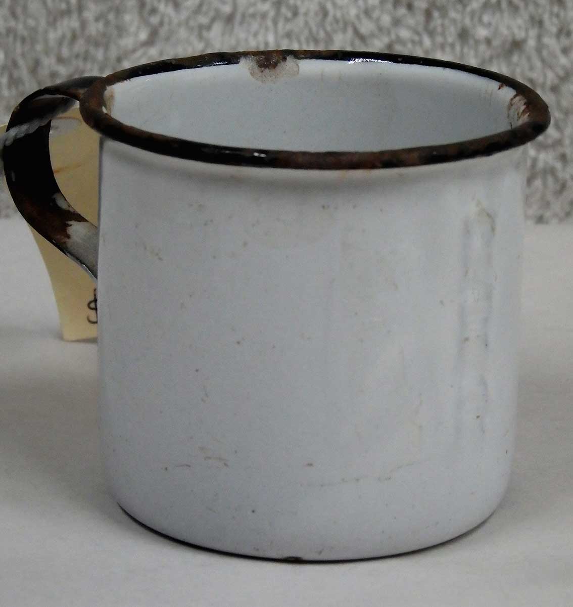 Original enamel railway refreshment mug, stamped RRR vertically down the front, for sale at Heath's Old Wares 19-21 Broadway Burringbar NSW Ph: 0266771181 open 7 days