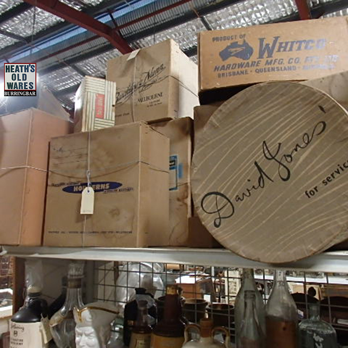 Antique & vintage cardboard department store packaging and hat boxes for sale at Heaths Old Wares, 19-21 Broadway Burringbar, NSW 2483 ph: 0266771181 open 7 days