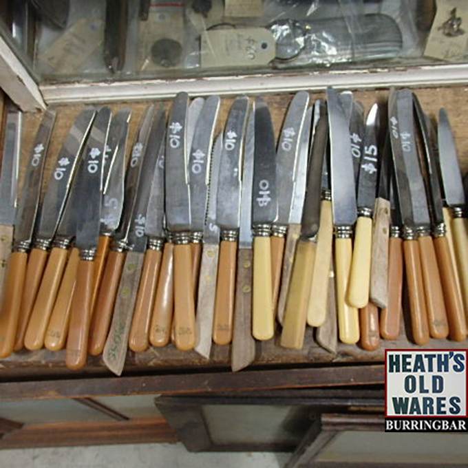 Faux bone handle knives for sale at Heaths Old Wares, Collectables, Antiques & Industrial Antiques, 19-21 Broadway, Burringbar NSW 2483 Ph 0266771181 open 7 days