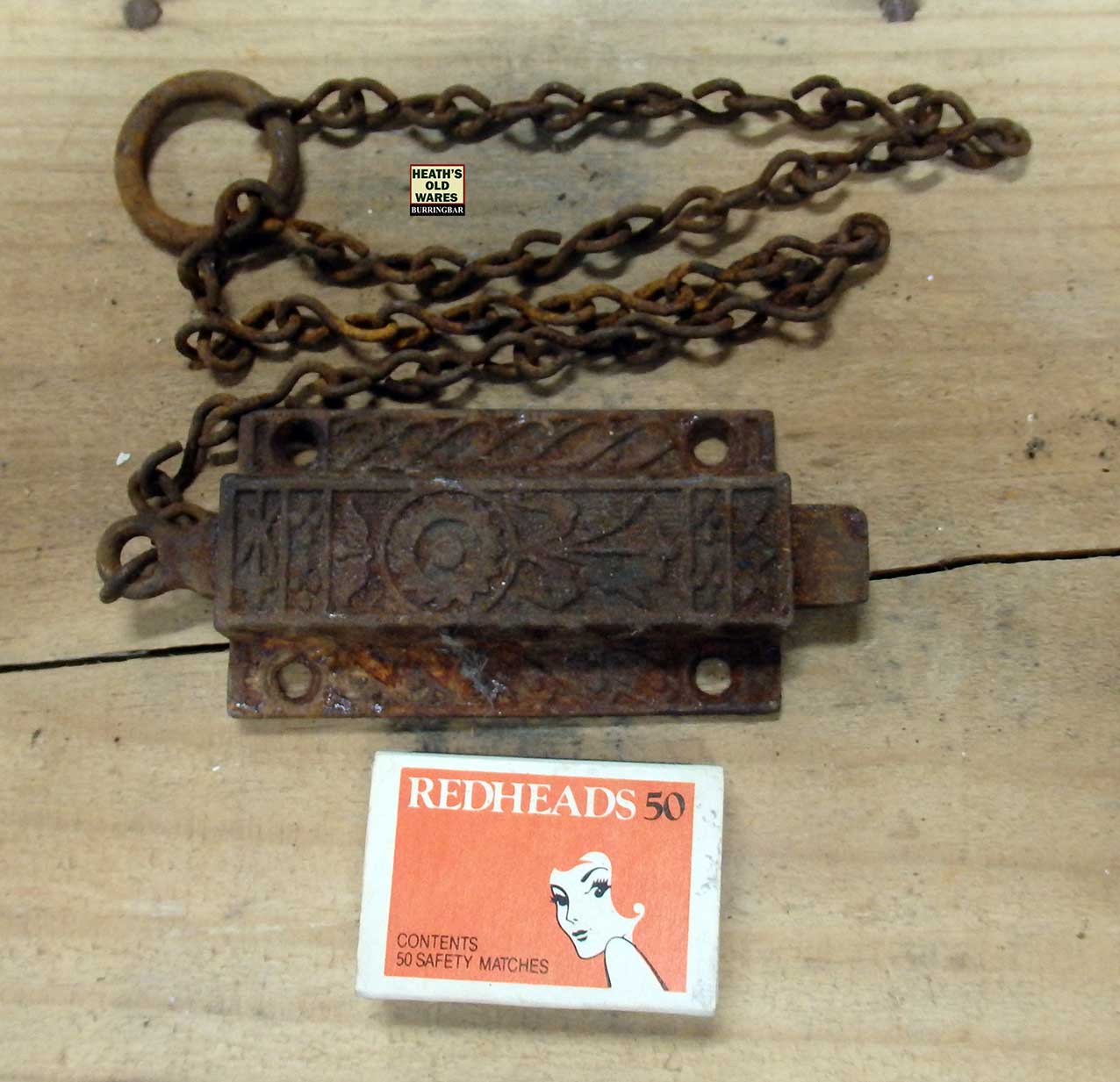 Antique ornate spring action slide bolt for sale at Heaths Old Wares, Collectables, Antiques & Industrial Antiques, 19-21 Broadway, Burringbar NSW 2483 Ph 0266771181 open 7 days