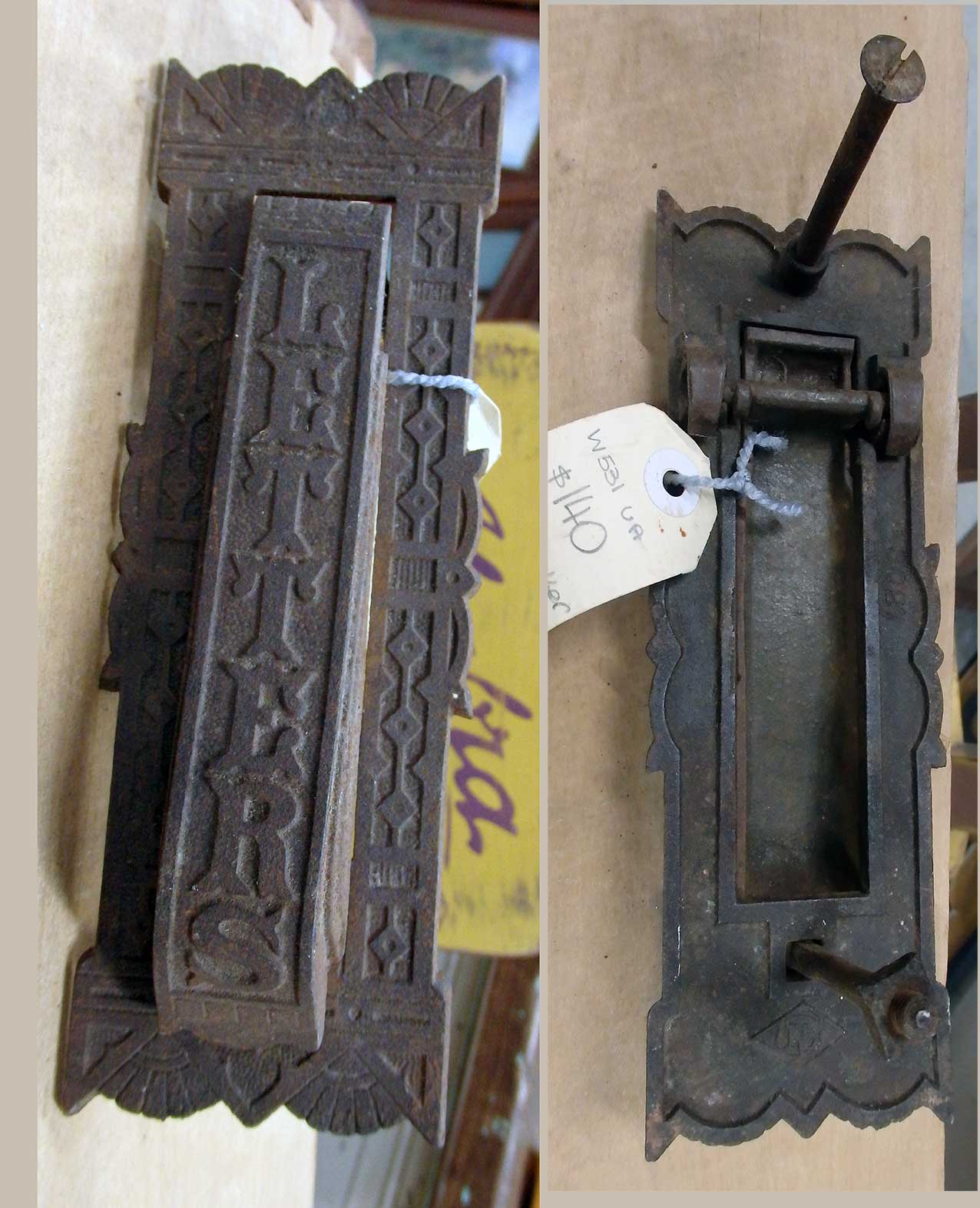 Antique LETTER door slot knocker for sale at Heaths Old Wares, Collectables, Antiques & Industrial Antiques, 19-21 Broadway, Burringbar NSW 2483 Ph 0266771181 open 7 days