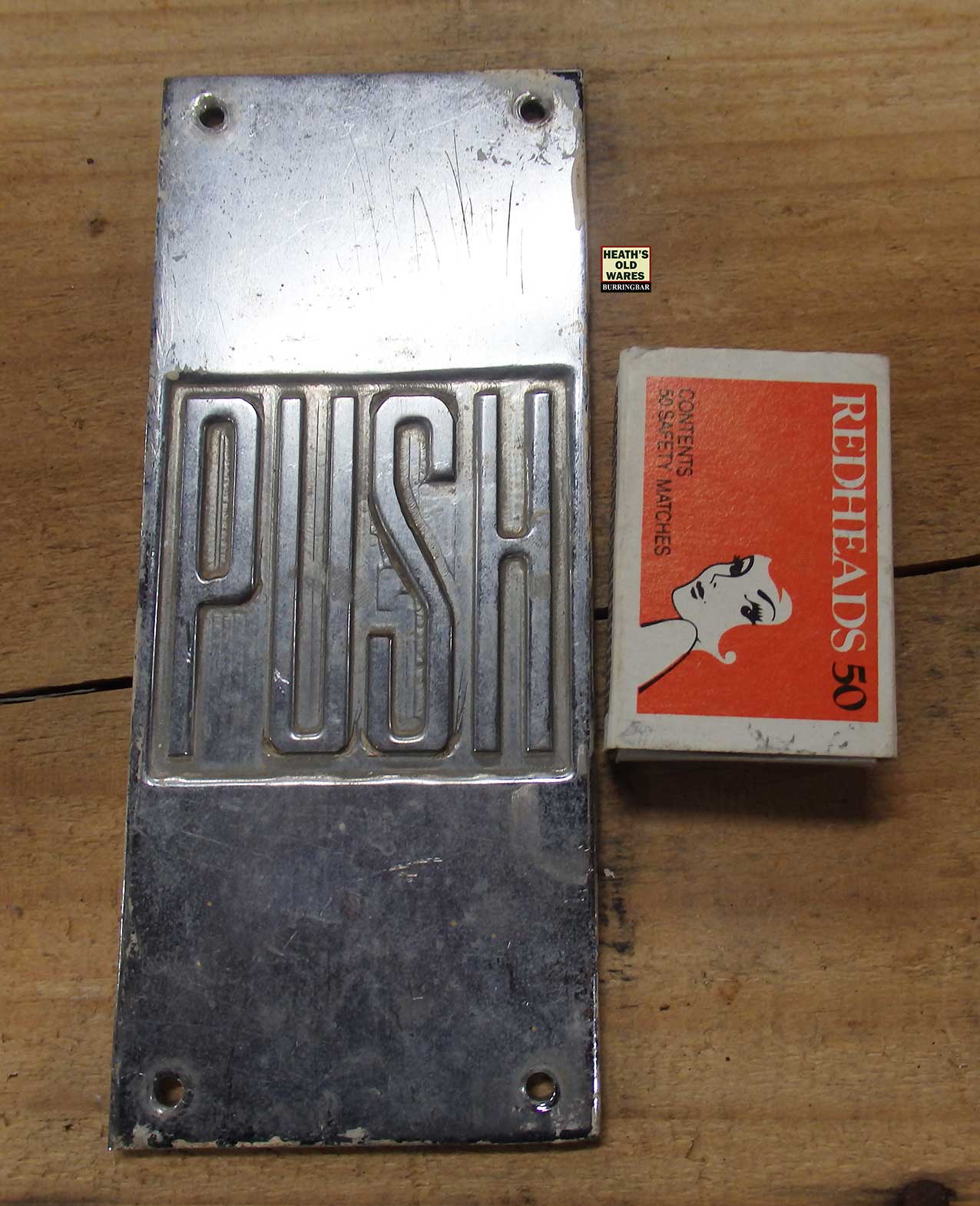 Retro chromeplated push plate  for sale at Heaths Old Wares, Collectables, Antiques & Industrial Antiques, 19-21 Broadway, Burringbar NSW 2483 Ph 0266771181 open 7 days