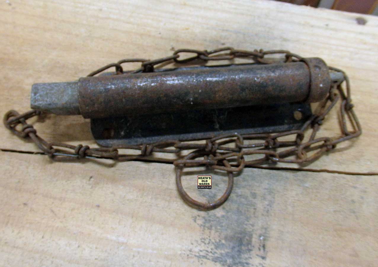 Antique spring slide bolt and chain for sale at Heaths Old Wares, Collectables, Antiques & Industrial Antiques, 19-21 Broadway, Burringbar NSW 2483 Ph 0266771181 open 7 days