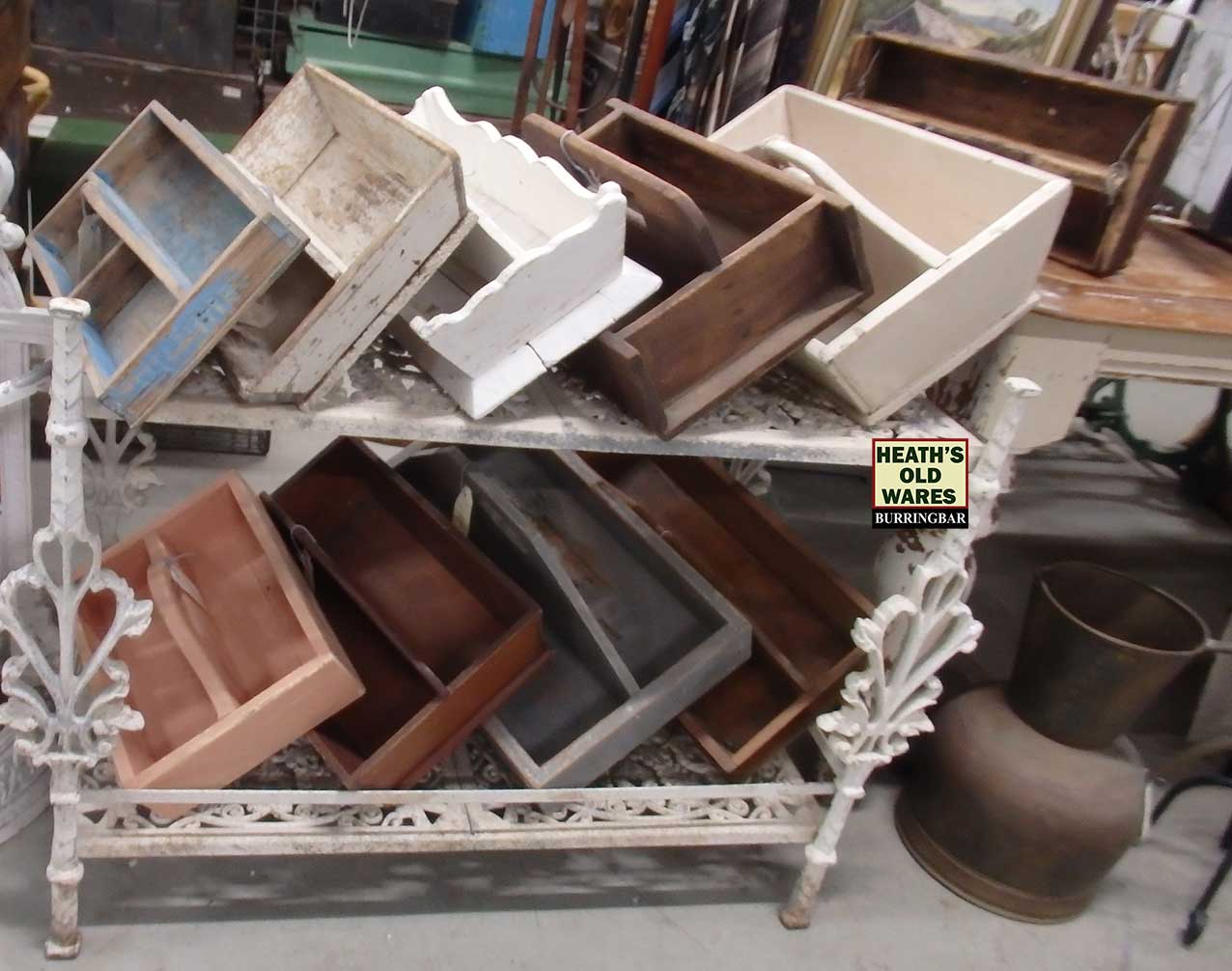 Antique and vintage timber cutlery trays or carriers for sale at Heaths Old Wares, Collectables, Antiques & Industrial Antiques, 19-21 Broadway, Burringbar NSW 2483 Ph 0266771181 open 7 days