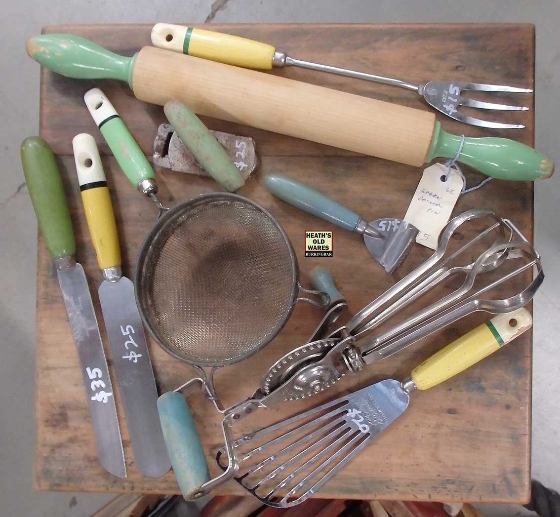 Vintage timber handle kitchen utensils for sale at Heaths Old Wares, Collectables, Antiques & Industrial Antiques, 19-21 Broadway, Burringbar NSW 2483 Ph 0266771181 open 7 days