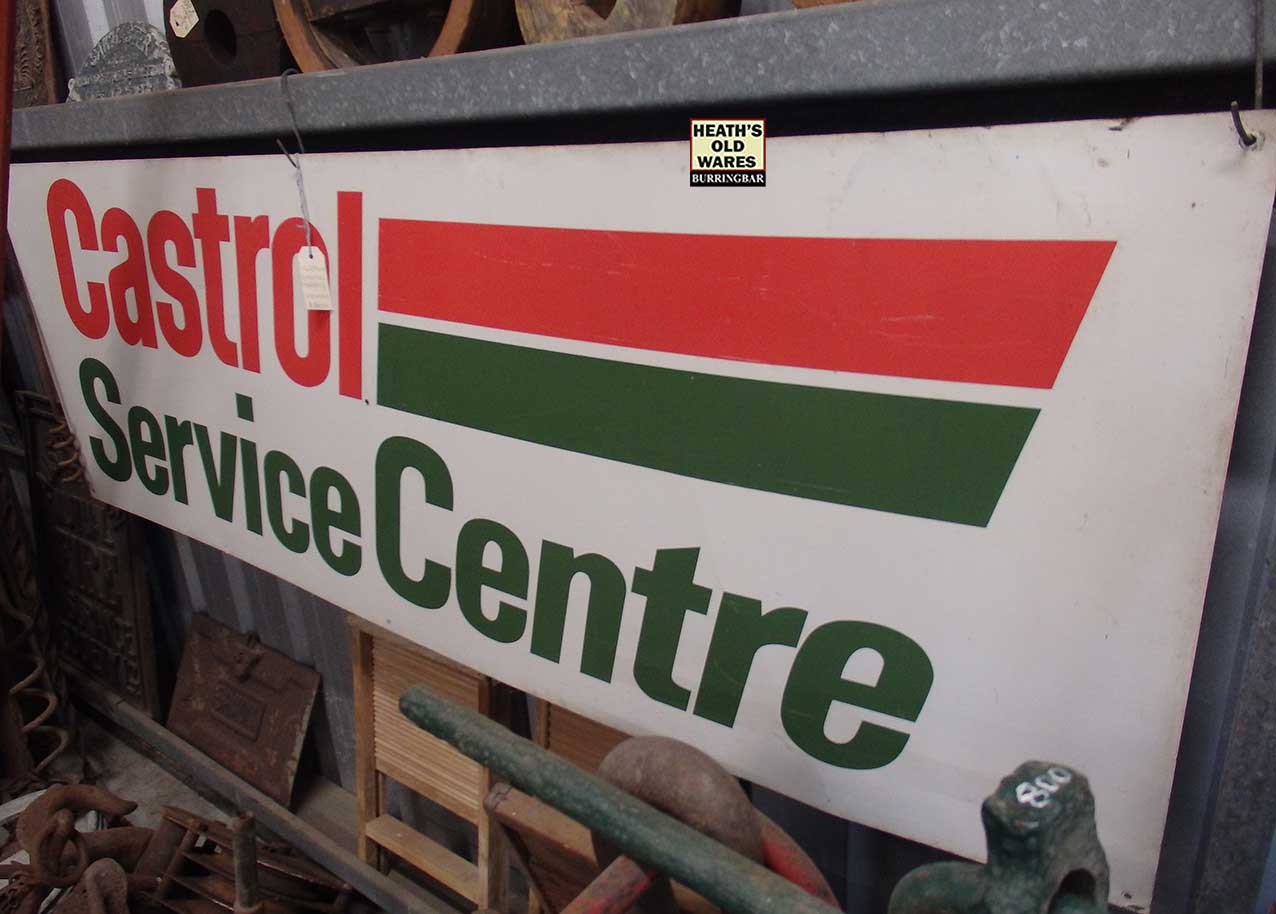 Vintage tin Castrol sign for sale at Heaths Old Wares, Collectables, Antiques & Industrial Antiques, 19-21 Broadway, Burringbar NSW 2483. Ph: 02 6677 1181 open 7 days