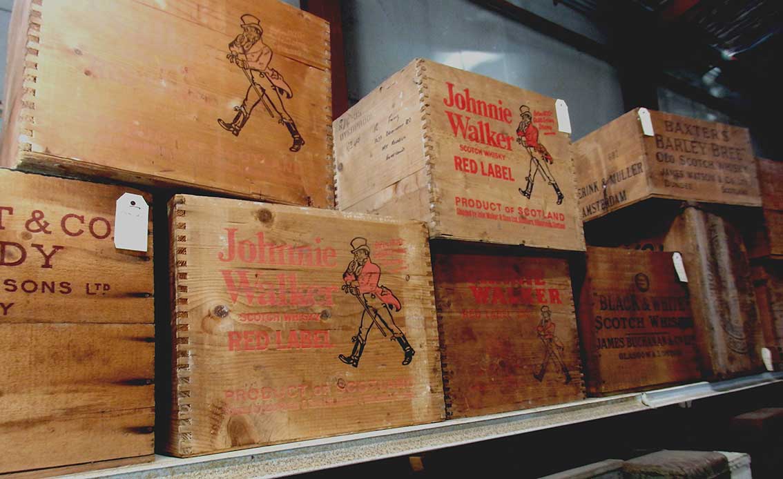 Antique and vintage Johnnie Walker dovetail timber boxes for sale at Heaths Old Wares, Collectables, Antiques & Industrial Antiques, 19-21 Broadway, Burringbar NSW 2483. Ph: 02 6677 1181 open 7 days