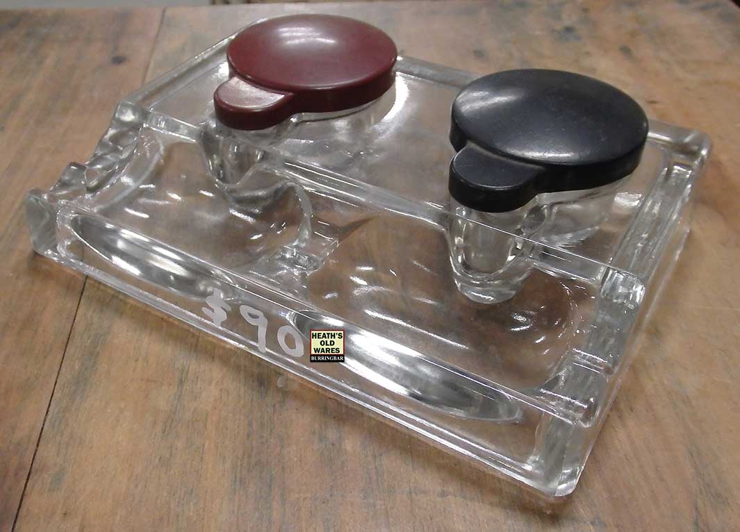 Antique Glass and bakelite ink wells, desk set for sale at Heaths Old Wares, Collectables, Antiques & Industrial Antiques, 19-21 Broadway, Burringbar NSW 2483 Ph 0266771181 open 7 days