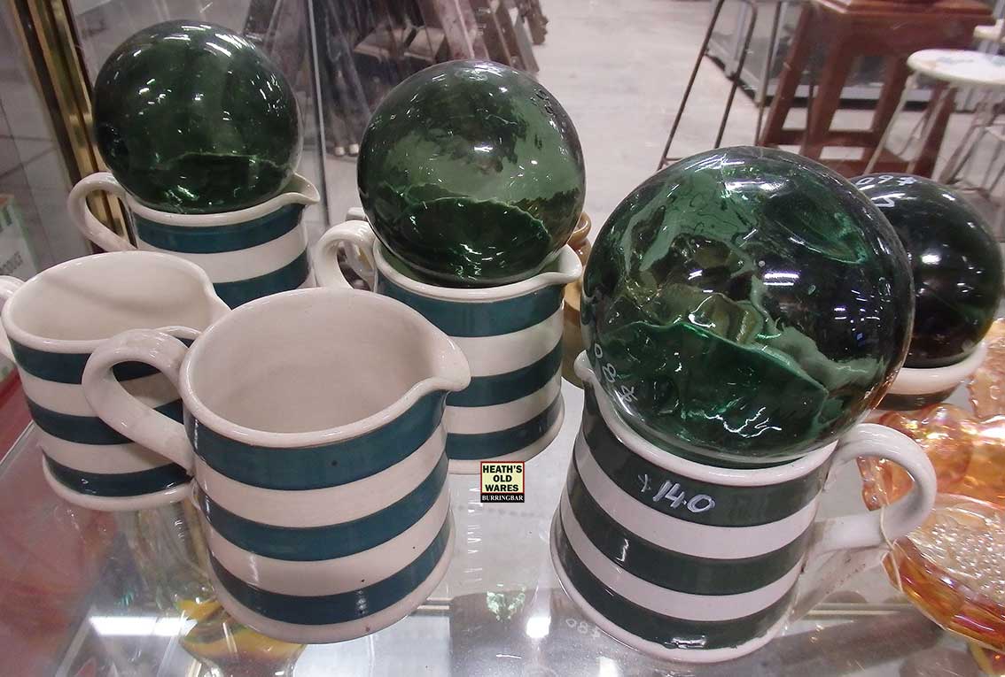 Green & white bakewells & fowlers jugs for sale at Heaths Old Wares, Collectables, Antiques & Industrial Antiques, 19-21 Broadway, Burringbar NSW 2483 Ph 0266771181 open 7 days