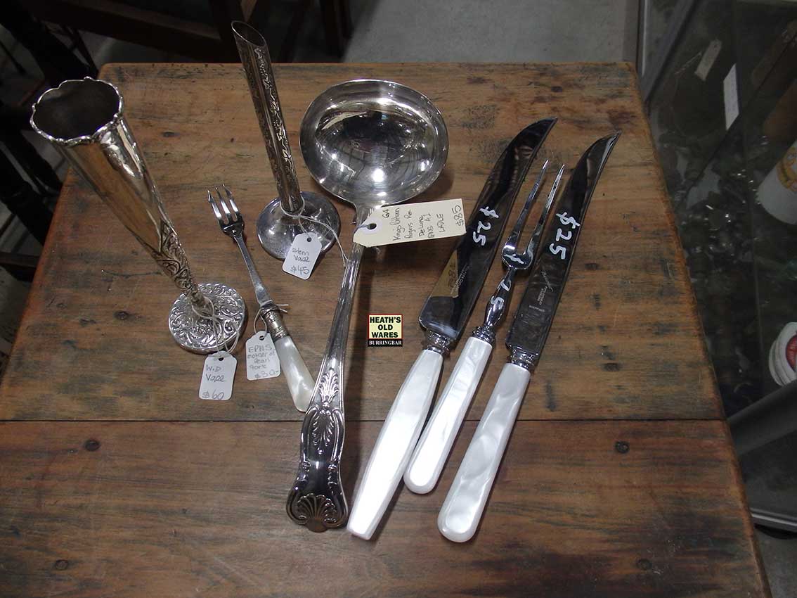 EPNS Antique cutlery and ladle for sale at Heaths Old Wares, Collectables, Antiques & Industrial Antiques, 19-21 Broadway, Burringbar NSW 2483 Ph 0266771181 open 7 days