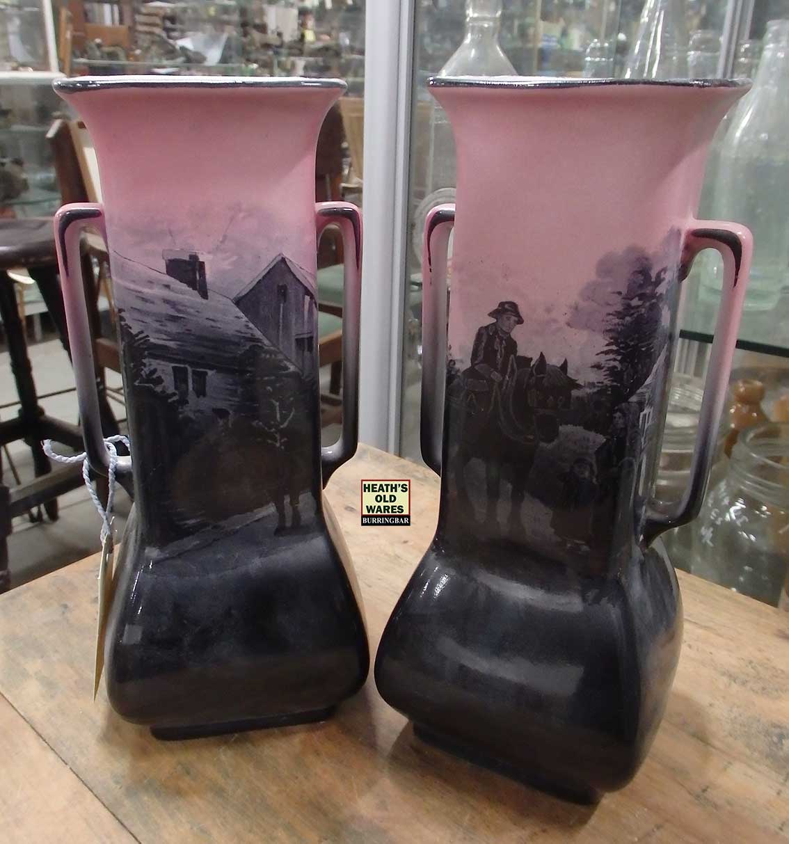 Horse and Dray pink & black vases, mase in England, stamped 425 1903  for sale at Heaths Old Wares, Collectables, Antiques & Industrial Antiques, 19-21 Broadway, Burringbar NSW 2483 Ph 0266771181 open 7 days