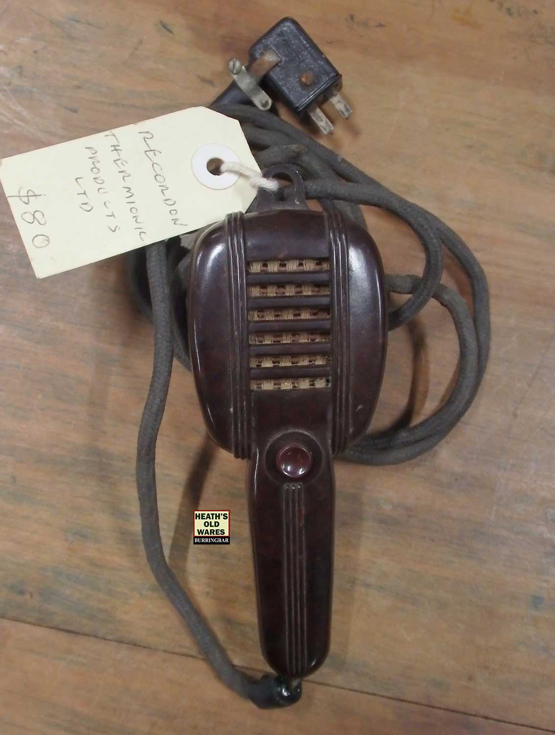 Antique bakelite recordon thermionic microphone for sale at Heaths Old Wares, Collectables, Antiques & Industrial Antiques, 19-21 Broadway, Burringbar NSW 2483 Ph 0266771181 open 7 days