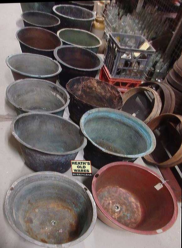 Antique copper wash tubs  for sale at Heath's Old Wares, Collectables, Antiques & Industrial Antiques, 19-21 Broadway, Burringbar NSW 2483 Ph 0266771181 open 7 days