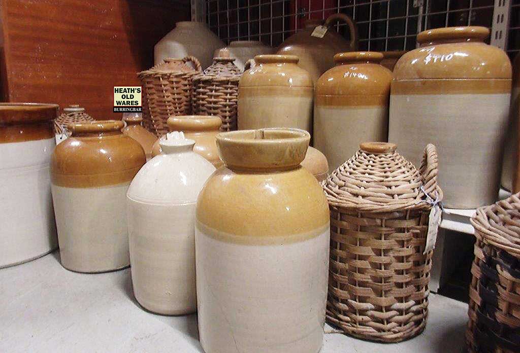 antique stoneware demijons  for sale at Heath's Old Wares, Collectables, Antiques & Industrial Antiques, 19-21 Broadway, Burringbar NSW 2483 Ph 0266771181 open 7 days