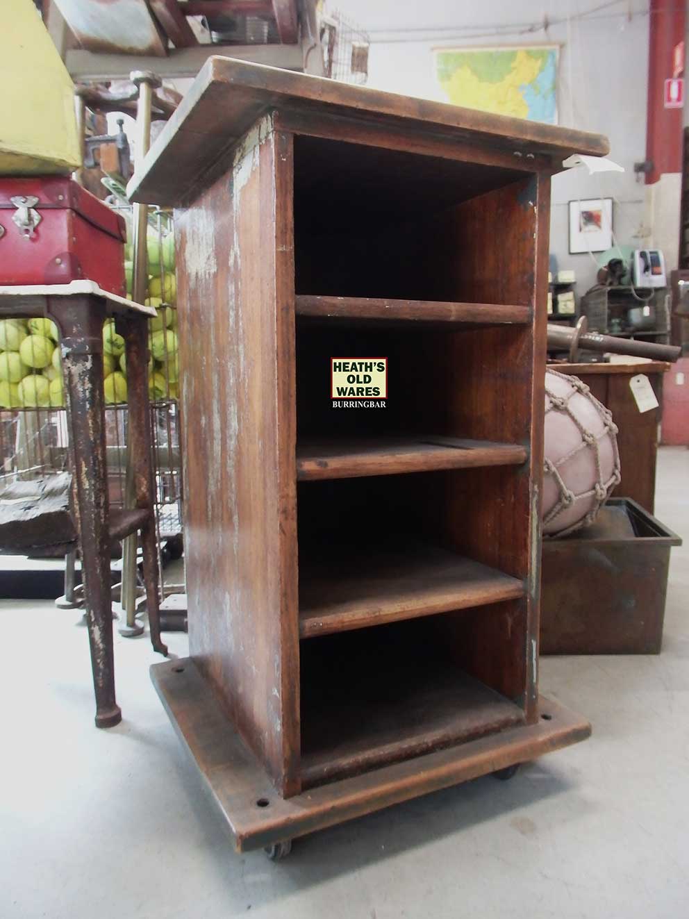Antique timber file shelf unit on casters for sale at Heaths Old Wares, Collectables & Industrial Antiques, 19-21 Broadway, Burringbar NSW 2483 Ph 0266771181
