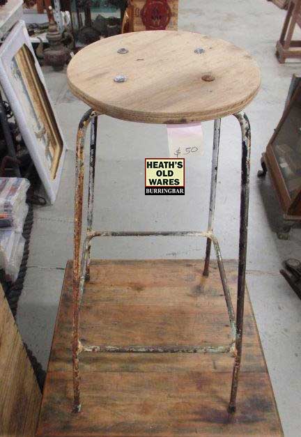 Vintage timber topped metal framed stool  for sale at Heaths Old Wares, Collectables, Antiques & Industrial Antiques, 19-21 Broadway, Burringbar NSW 2483 Ph 0266771181 open 7 days 