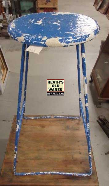 Vintage blue timber topped metal stool for sale at Heaths Old Wares, Collectables, Antiques & Industrial Antiques, 19-21 Broadway, Burringbar NSW 2483 Ph 0266771181 open 7 days 