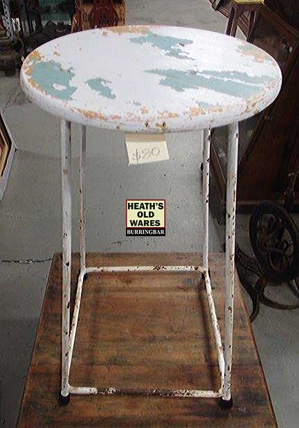 Vintage green and white mottle timber top stool with metal base  for sale at Heaths Old Wares, Collectables, Antiques & Industrial Antiques, 19-21 Broadway, Burringbar NSW 2483 Ph 0266771181 open 7 days 