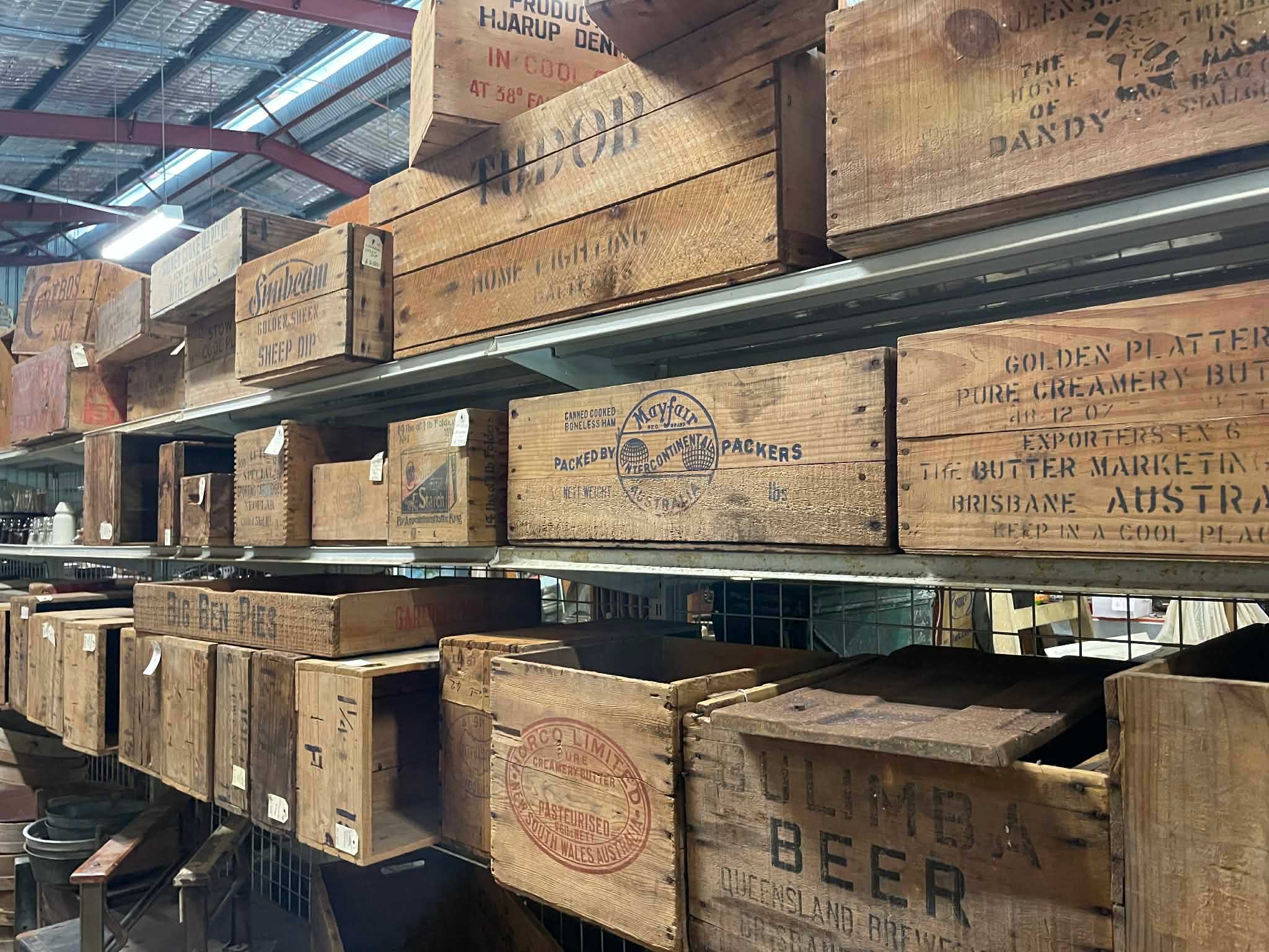 Antique and vintage crates and wooden boxes for sale at Heaths Old Wares, Collectables, Antiques & Industrial Antiques, 19-21 Broadway, Burringbar NSW 2483 Ph 0414860587  open 7 days